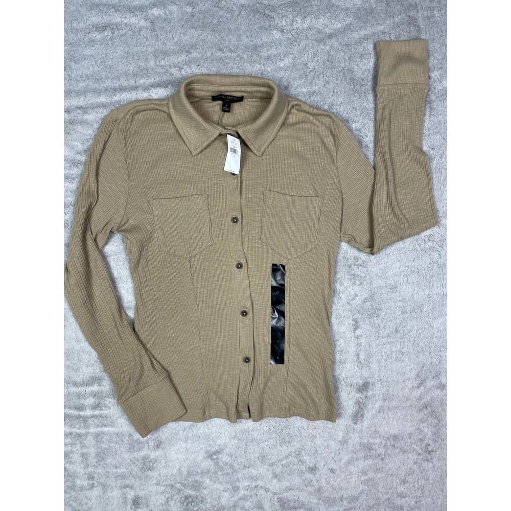 NWT Banana Republic Ribbed Knit Collared Button Up Shirt Top Blouse Tan S Small
